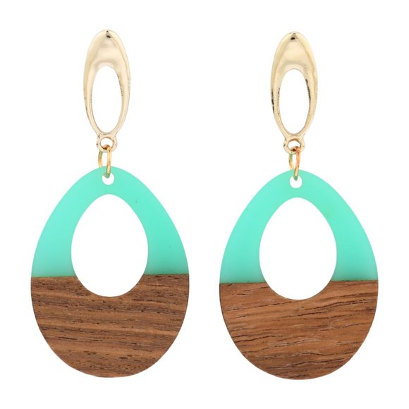 Teal Wooden Geometric Teardrop Earrings - Acrylic Resin Lightweight Wood - Picture 3 of 5